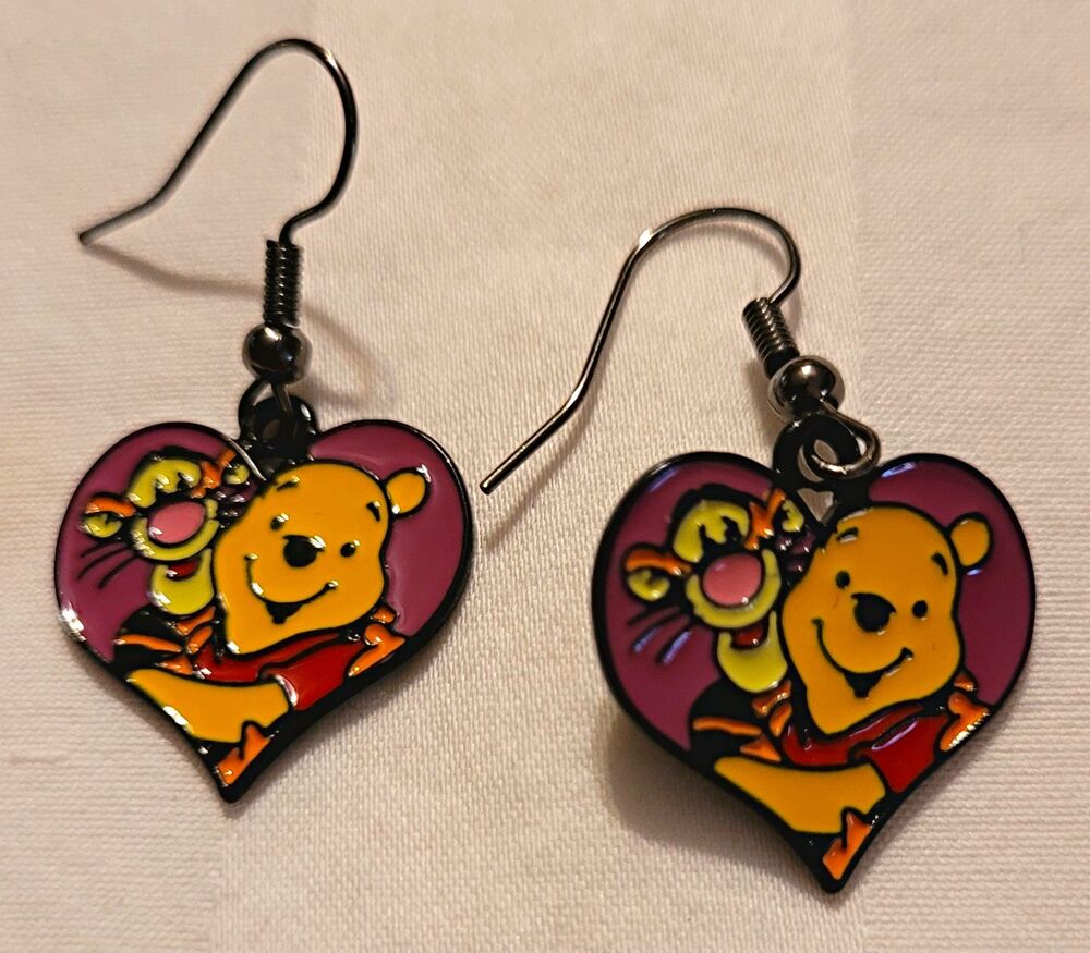 NWOT Winnie the Pooh & Tigger Inspired Heart Dangle French Wire Hook Earrings